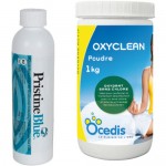 Kubilų, masažinių vonių priežiūros be chloro mini rinkinys – algicidas baktericidas PristineBlue®; 946 ml ir aktyvus deguonis Oxyclean; 1 kg (didelis)
